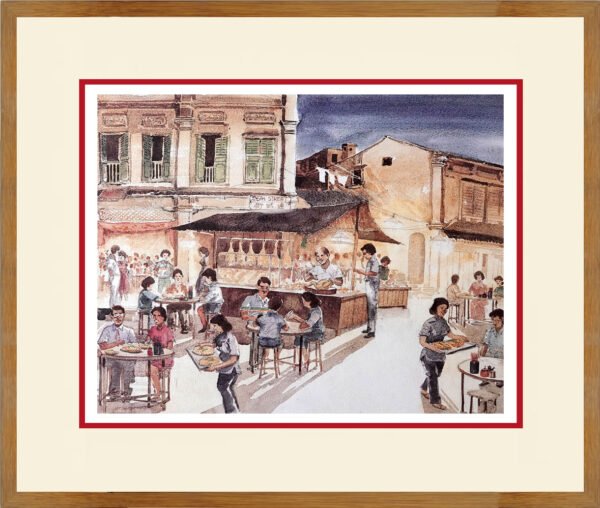 watercolour painting Seah Street hawker early singapore by ching hing kang